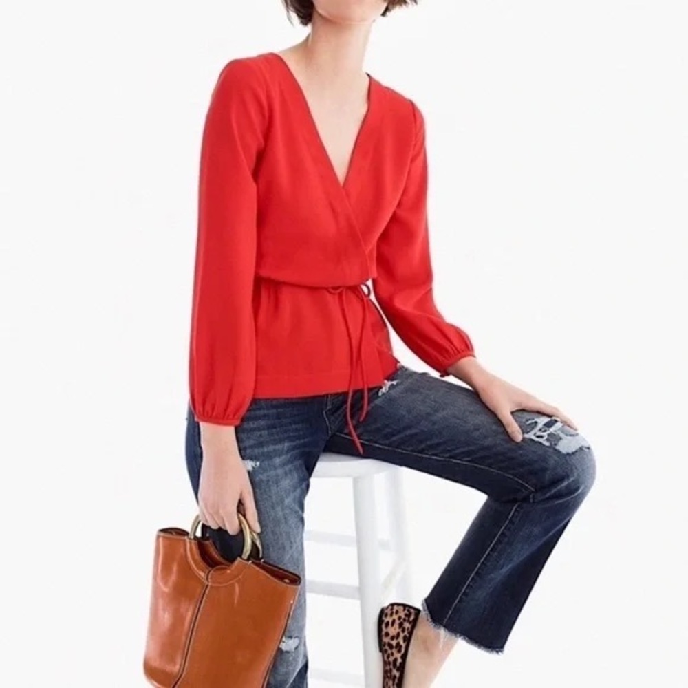 NWT J. Crew Crepe Red Wrap Tie Front Blouse Size 10